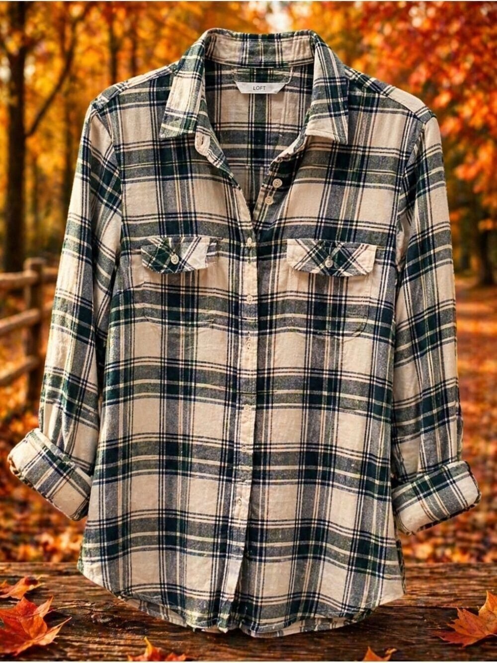 Oversized Flannel Shirt Green and Cream Size 1X- Cozy
